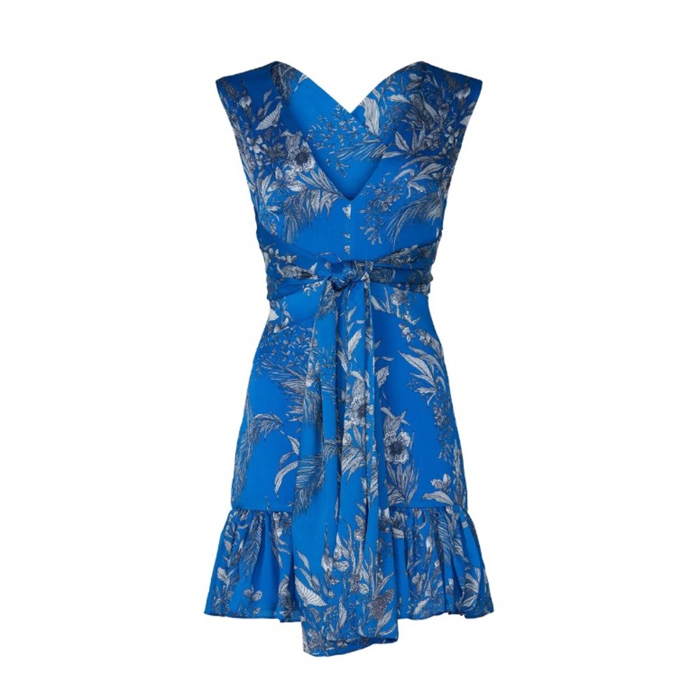 Alexis Designer Cassara Blue and White Floral V-Neck Mini Ruffle Belted Dress